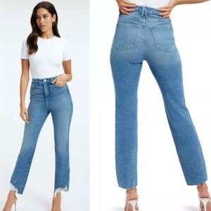 Good American Good Curve Straight Leg Fray Hem Jean Blue 313 Women's Size 29